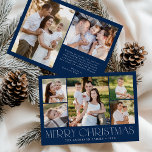 Modern Elegant Merry Christmas Navy Photo Collage Holiday Card<br><div class="desc">Celebrate the season with the Modern Elegant Merry Christmas Navy Photo Collage Holiday Card. This stylish design features a 5-photo collage on the front, with 4 square photos surrounding a larger picture at the centre. "Merry Christmas" is beautifully displayed in trendy white lettering on a festive navy background. Customise with...</div>