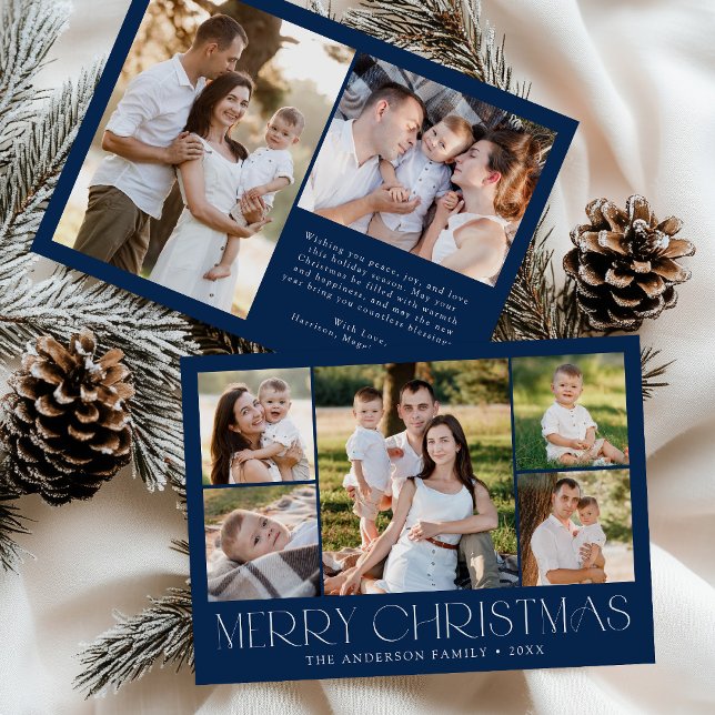 Modern Elegant Merry Christmas Navy Photo Collage Holiday Card (Creator Uploaded)
