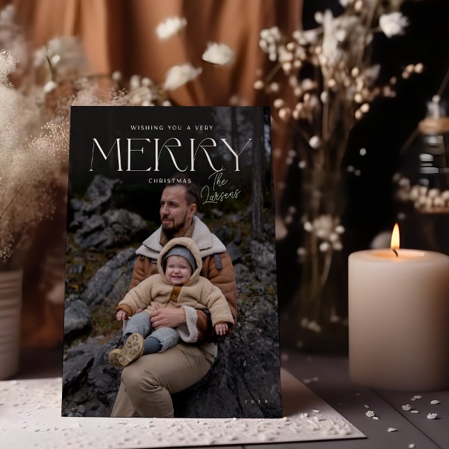 Modern Elegant Merry Christmas photo Holiday card  (Moody winter scene with candle and "Wishing you a MERRY Christmas" photo Holiday card sized 5x7)