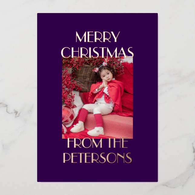 Modern Elegant Merry Christmas Photo Rose Gold Foil Holiday Card (Front)