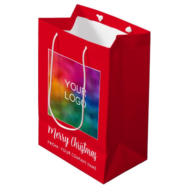 Modern Elegant Merry Christmas Promotional Logo Medium Gift Bag (Front Angled)