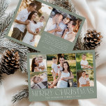 Modern Elegant Merry Christmas Sage Photo Collage Holiday Card<br><div class="desc">Celebrate the season with the Modern Elegant Merry Christmas Sage Green Photo Collage Holiday Card. This stylish design features a 5-photo collage on the front, with 4 square photos surrounding a larger picture at the centre. "Merry Christmas" is beautifully displayed in trendy white lettering on a sage green background. Customise...</div>