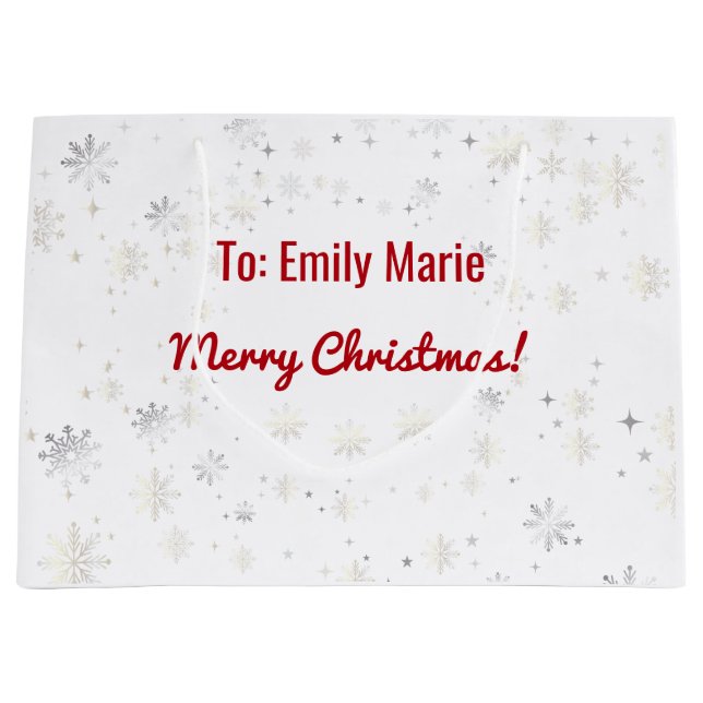 Modern Elegant Merry Christmas Snowflakes Name Large Gift Bag (Front)