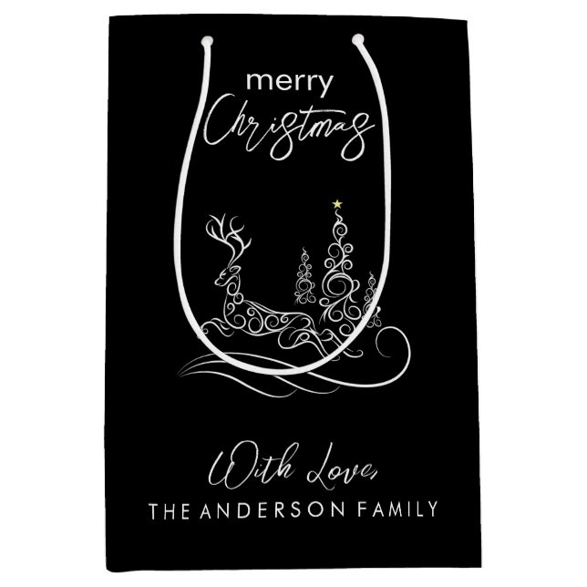 Modern Elegant Merry Christmas Tree and Reindeer Medium Gift Bag (Front)