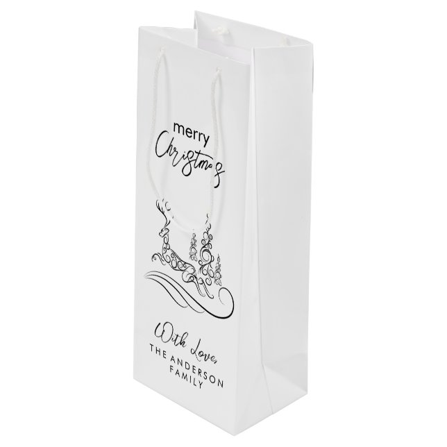 Modern Elegant Merry Christmas Tree and Reindeer Wine Gift Bag (Front Angled)