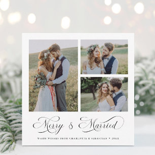 Modern Elegant Merry & Married Script 3 Photo Holiday Card