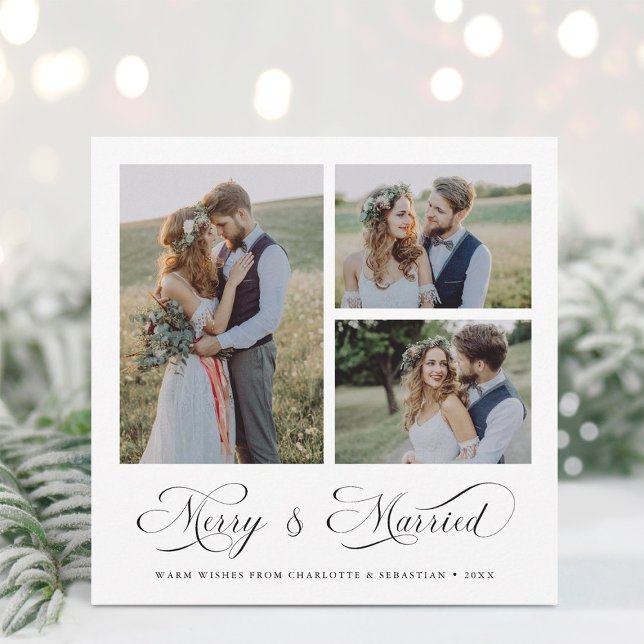 Modern Elegant Merry & Married Script 3 Photo  Holiday Card (Creator Uploaded)