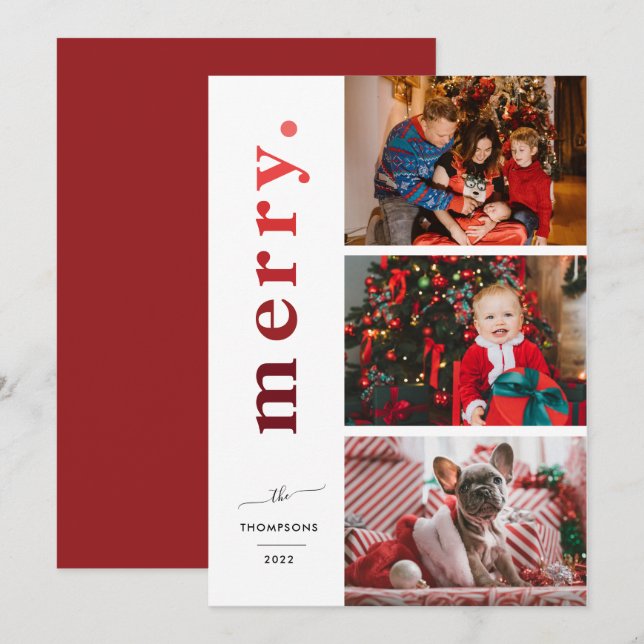 Modern Elegant Merry Ombre Red Photo Holiday Card (Front/Back)