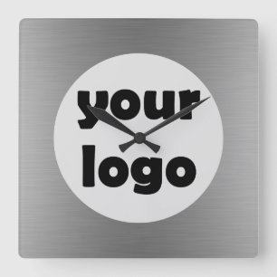 Modern Elegant Metallic Solid Silver Logo Square Wall Clock