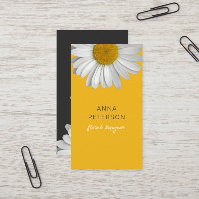 Modern Elegant Minimal Daisy Flower Yellow Black Business Card (Front/Back In Situ)