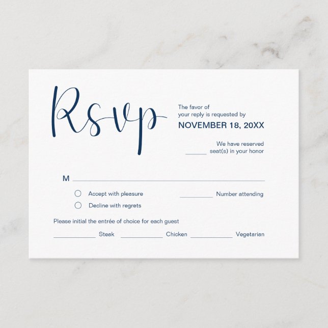 Modern Elegant Minimal, RSVP,  Navy Blue, Respond Enclosure Card (Front)