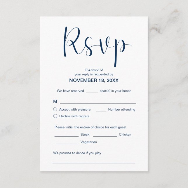 Modern Elegant Minimal, RSVP,  Navy  Blue, Respond Enclosure Card (Front)