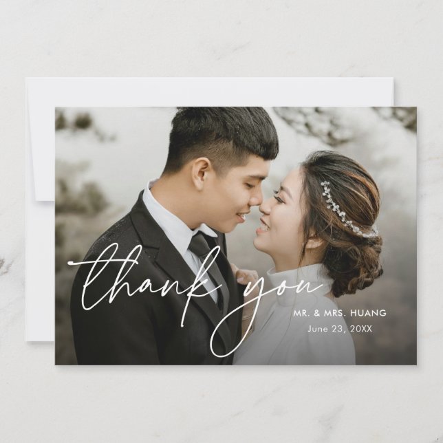 Modern Elegant Minimal Script Two Photo Wedding Thank You Card (Front)
