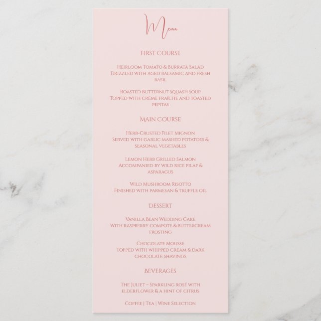 Modern Elegant Minimalist Blush Pink Romeo Juliet Menu (Front)