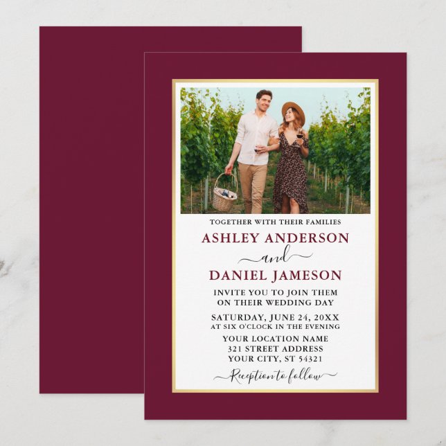 Modern Elegant Minimalist Burgundy Wedding Invitation (Front/Back)
