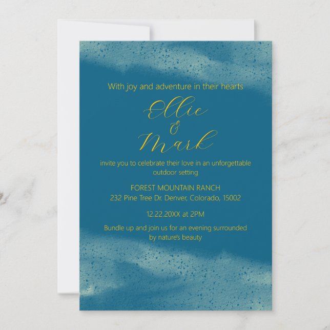 Modern Elegant Minimalist Gold Blue Foggy Wedding Invitation (Front)