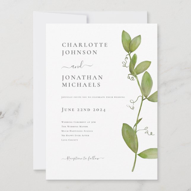 Modern Elegant Minimalist Greenery Wedding Invitation (Front)