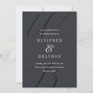 Modern Elegant Minimalist Monogram Black Wedding Invitation