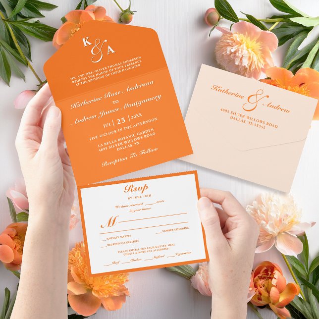 Modern Elegant Minimalist Orange Monogram Wedding All In One Invitation (Creator Uploaded)
