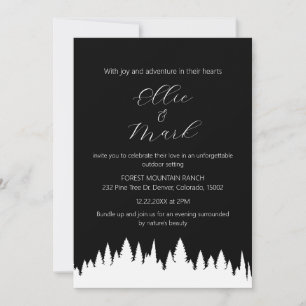 Modern Elegant Minimalist Pine Tree Wedding Black Invitation