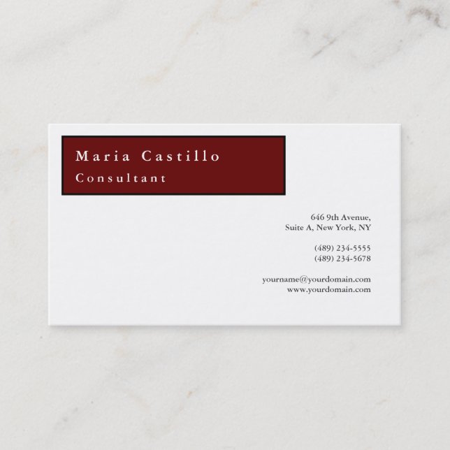 Modern Elegant Minimalist Plain Dark Red White Business Card (Front)