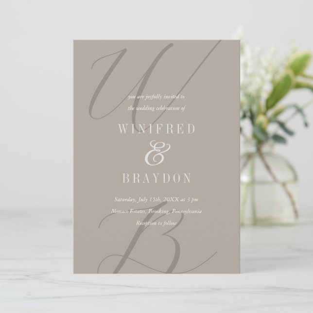 Modern Elegant Minimalist Taupe Monogram Wedding  Invitation (Standing Front)