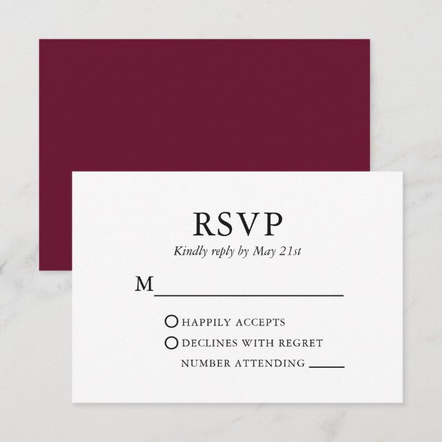 Modern Elegant Minimalist Wedding Burgundy RSVP Card (Front/Back)