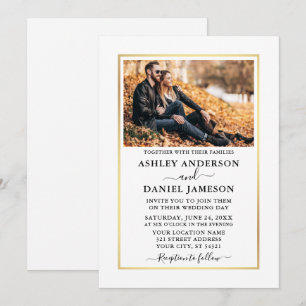 Modern Elegant Minimalist White Gold Photo Wedding Invitation