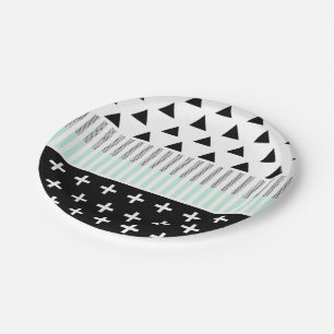 Modern Elegant Mint, Black,  & White Shapes Paper Plate