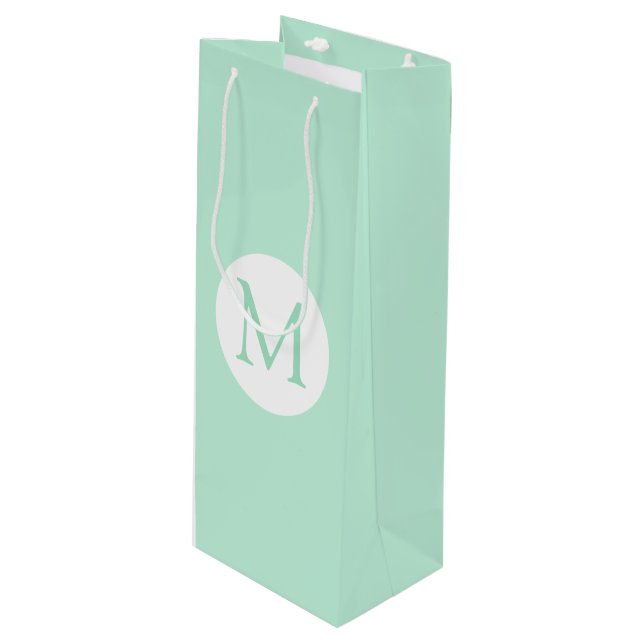 Modern Elegant Mint Green Colour White Monogram Wine Gift Bag (Front Angled)