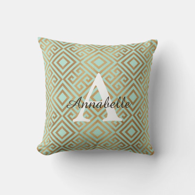 Modern Elegant Mint Green Gold Monogram Cushion (Front)
