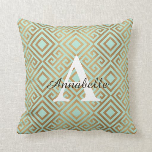 Image of Modern Elegant Mint Green Gold Monogram Cushion