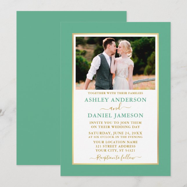 Modern Elegant Mint Green Gold Wedding Invitation (Front/Back)