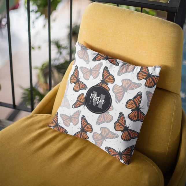 Modern Elegant Monarch Butterfly Monogrammed Cushion (Elegant monarch butterfly monogram throw pillow with personalized nature design.)