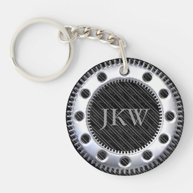 Modern Elegant Monogram Black and Grey Striped  Key Ring (Front)