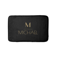 Modern Elegant Monogram  Black & Gold  Bath Mat