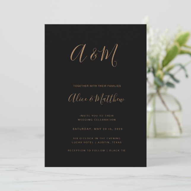 Modern Elegant Monogram Black Gold Wedding Invitation (Standing Front)