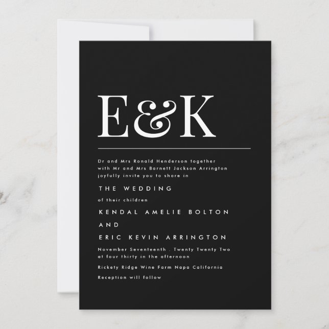 Modern Elegant Monogram Black White Wedding Invitation (Front)