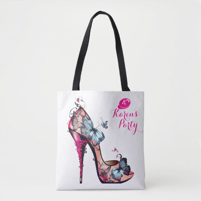 Modern Elegant Monogram Butterfly High Heel Tote Bag (Front)