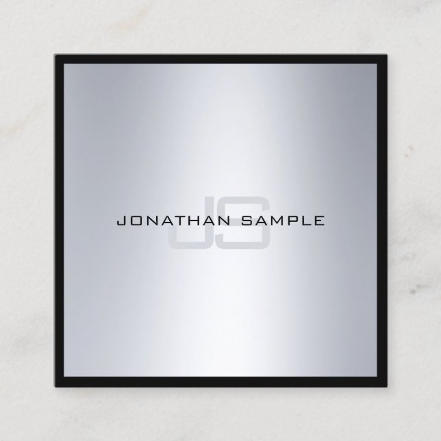 Modern Elegant Monogram Chic Silver Look Plain Square Business Card (Front)