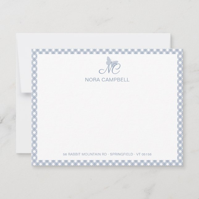 Modern Elegant Monogram Dusty Blue Gingham Checks Card (Front)