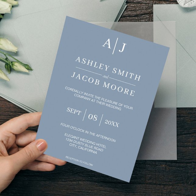 Modern Elegant Monogram Dusty Blue Wedding Invitation (Creator Uploaded)