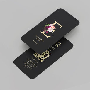 Modern Elegant Monogram E Floral Black Gold  Business Card