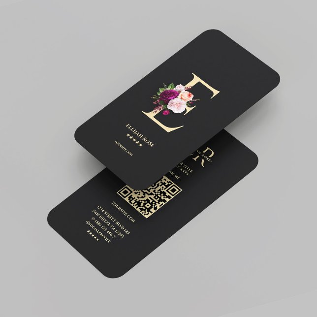 Modern Elegant Monogram E Floral Black Gold  Business Card (Modern Elegant Monogram E Floral Black Gold Business Card
)