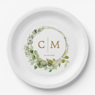 Modern, elegant monogram, eucalyptus wedding  paper plate