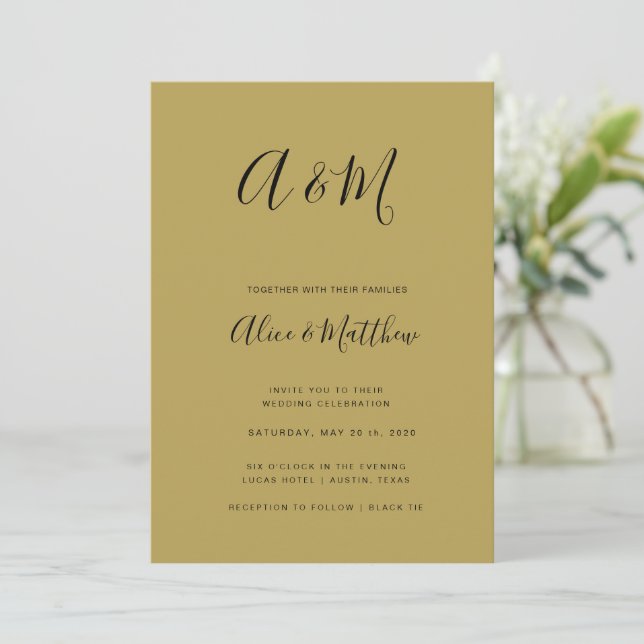Modern Elegant Monogram Gold Black Wedding Invitation (Standing Front)