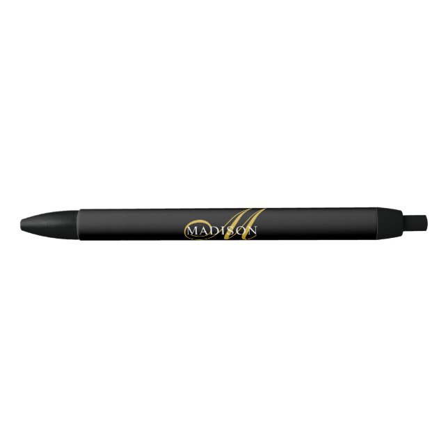 Modern Elegant Monogram Gold Script Black Ink Pen (Front)