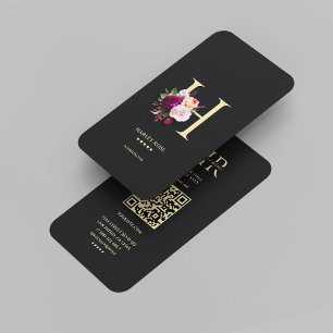 Modern Elegant Monogram H Floral Black Gold Business Card