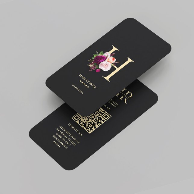 Modern Elegant Monogram H Floral Black Gold Business Card (Modern Elegant Monogram H Floral Black Gold Business Card
)