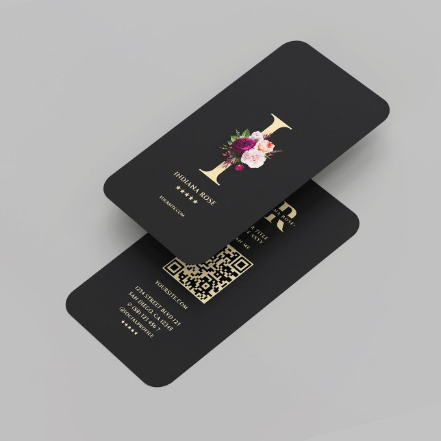 Modern Elegant Monogram I Floral Black Gold  Business Card (Modern Elegant Monogram I Floral Black Gold Business Card
)